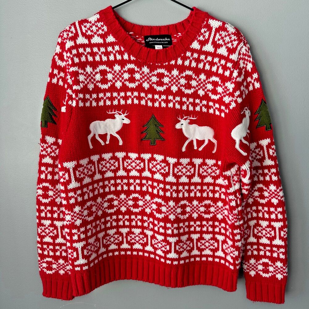 Skedouche Red Sweater Fair Isle Nordic Festive Party Holidays Ski Moose Womens L